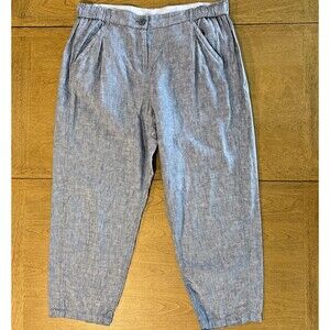 Poetry Pants Blue Linen Casual Lagenlook Wide Leg Ankle Comfort Waist Pockets 14